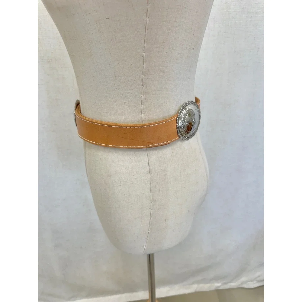 Carole Little Tan Leather Silver Concho Belt Womens Size M Western Boho 90s